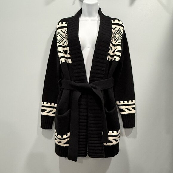 Old Navy Cozy Fair Isle Aztec Tie Belt Cardigan Sweater Jacket B & W Womens M - Picture 6 of 11